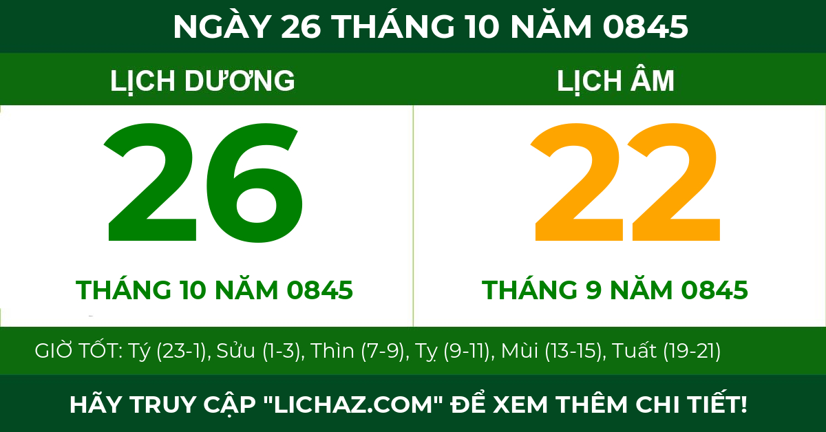 lịch âm ngày 26 tháng 10 năm 0845
