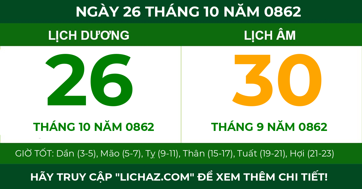 lịch âm ngày 26 tháng 10 năm 0862