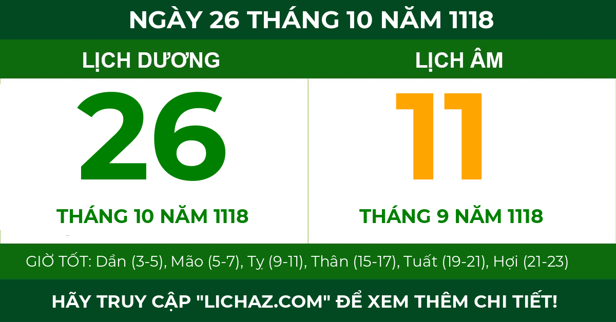 lịch âm ngày 26 tháng 10 năm 1118