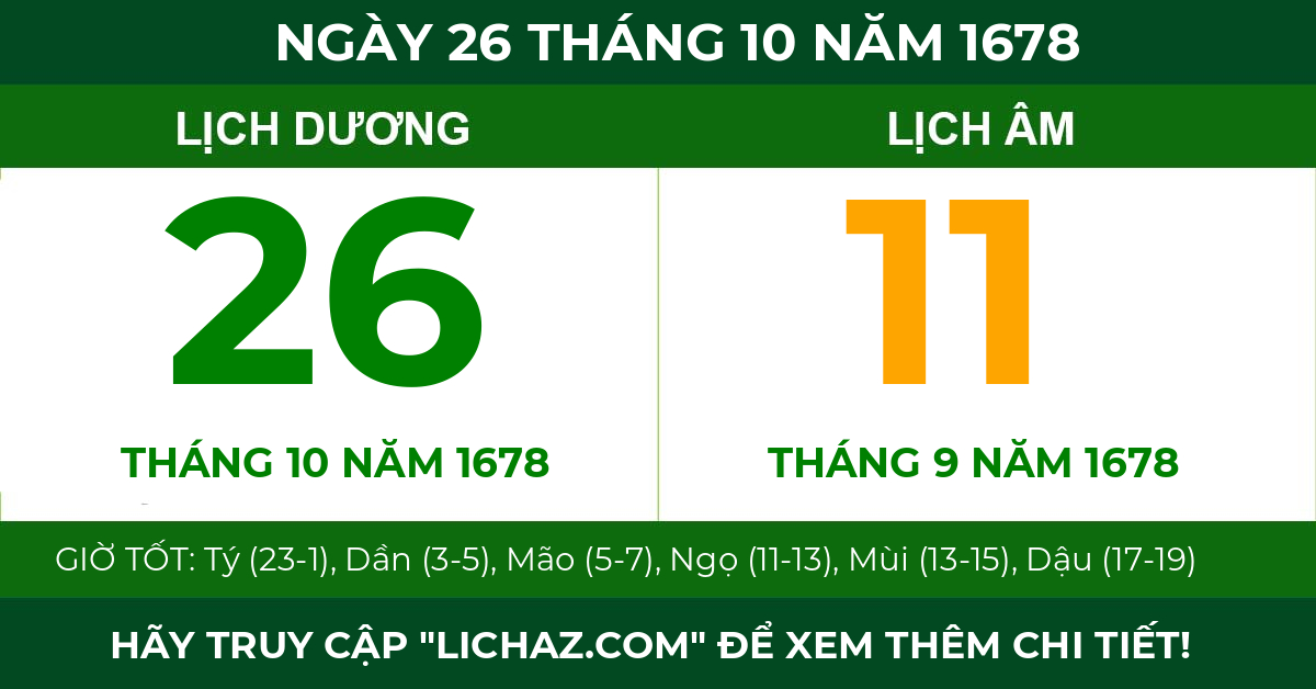 lịch âm ngày 26 tháng 10 năm 1678