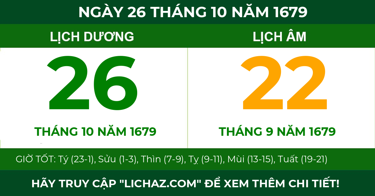 lịch âm ngày 26 tháng 10 năm 1679