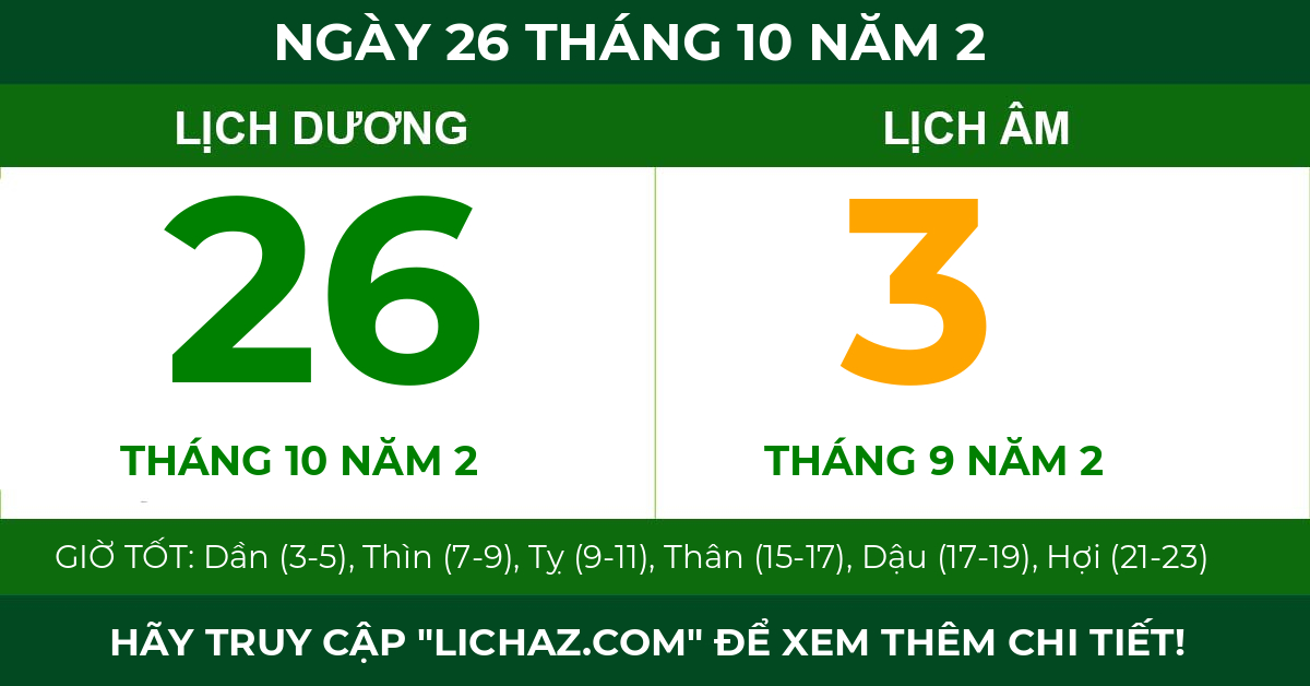 lịch âm ngày 26 tháng 10 năm 2