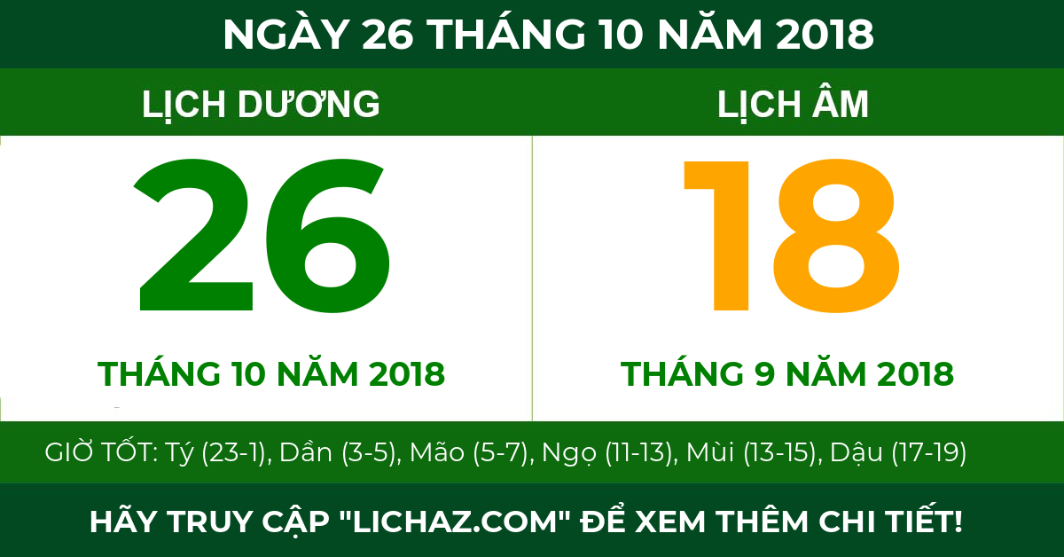 lịch âm ngày 26 tháng 10 năm 2018
