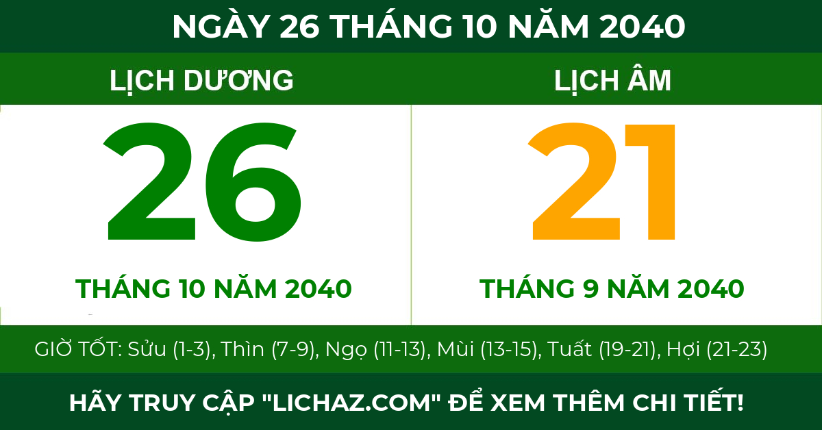 lịch âm ngày 26 tháng 10 năm 2040