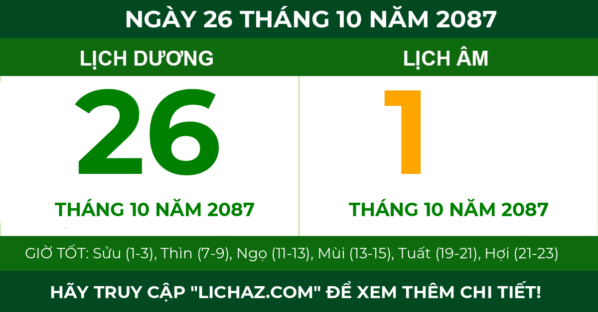 lịch âm ngày 26 tháng 10 năm 2087