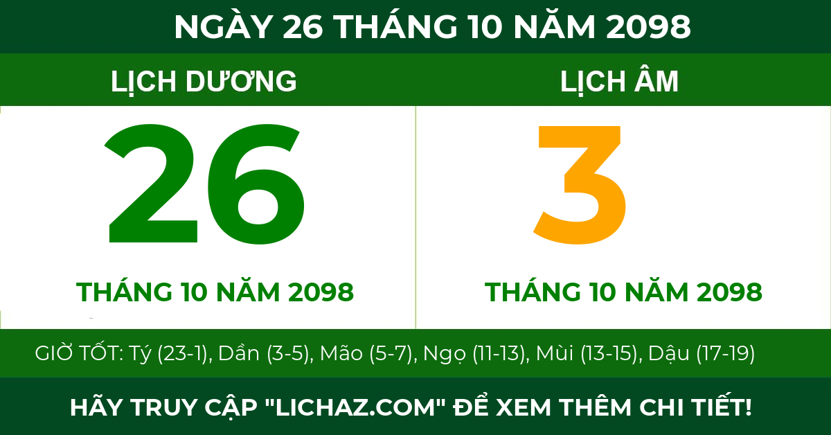 lịch âm ngày 26 tháng 10 năm 2098