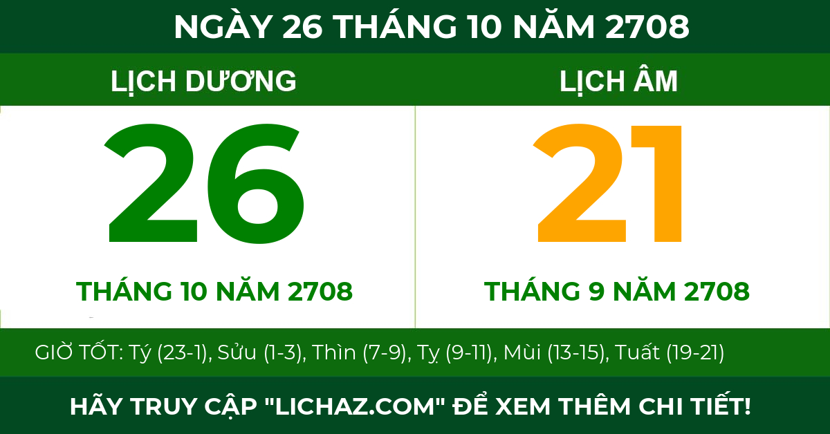 lịch âm ngày 26 tháng 10 năm 2708