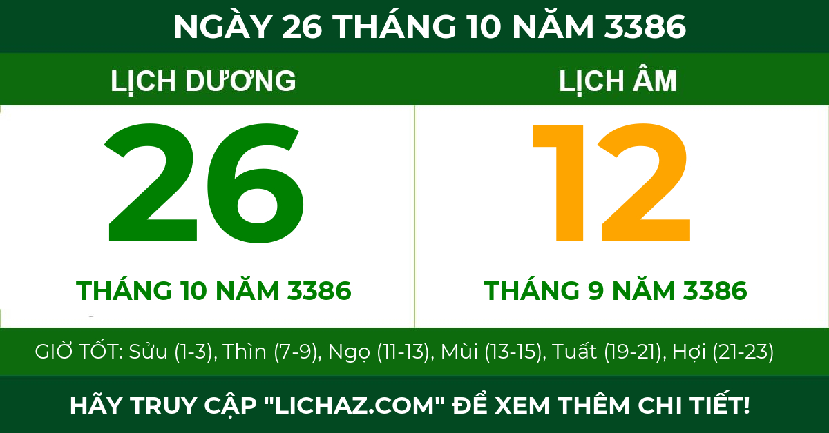 lịch âm ngày 26 tháng 10 năm 3386