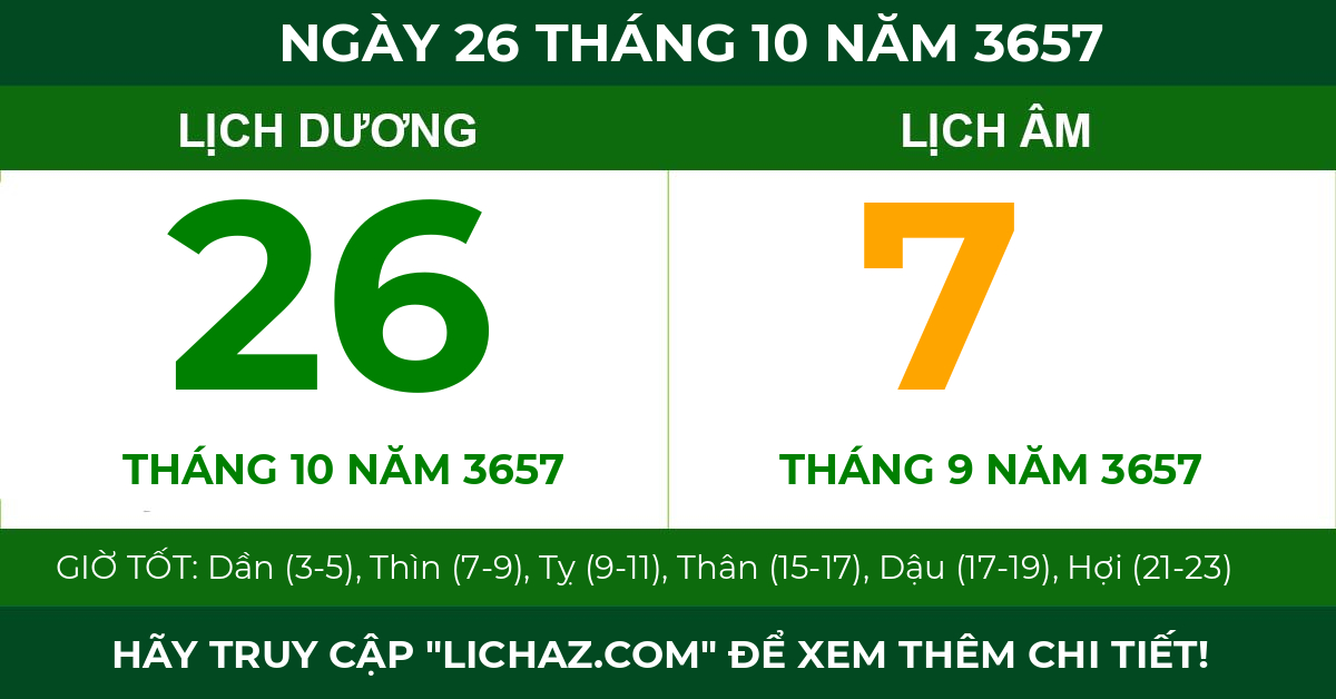 lịch âm ngày 26 tháng 10 năm 3657
