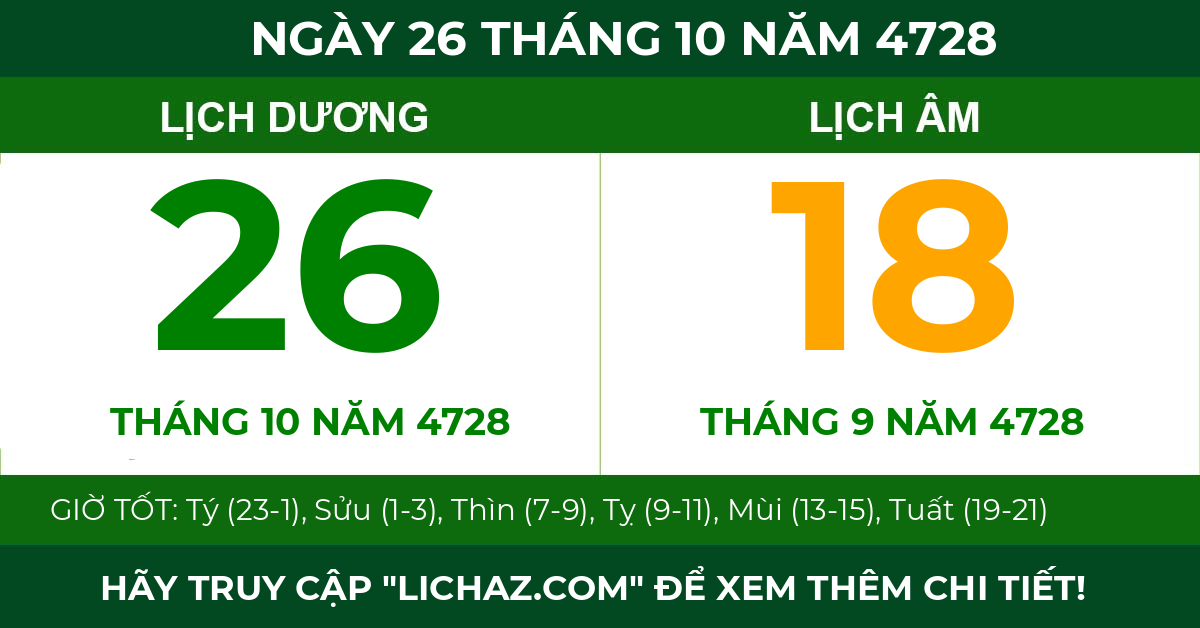 lịch âm ngày 26 tháng 10 năm 4728