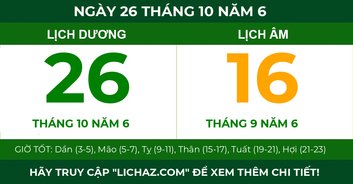 lịch âm ngày 26 tháng 10 năm 6