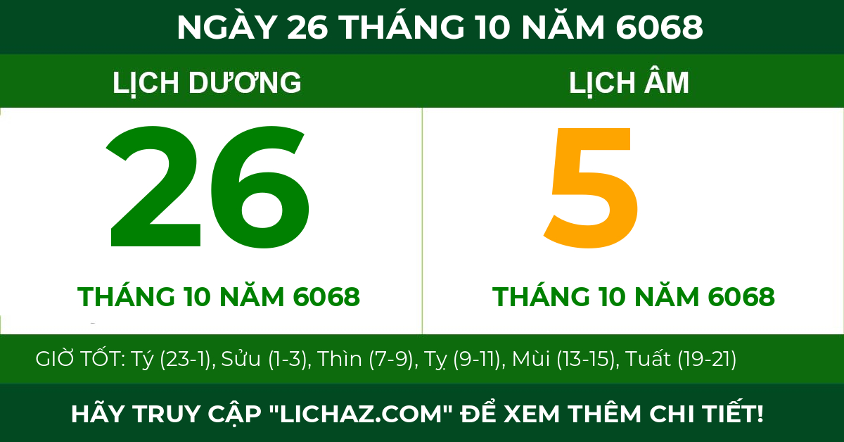 lịch âm ngày 26 tháng 10 năm 6068