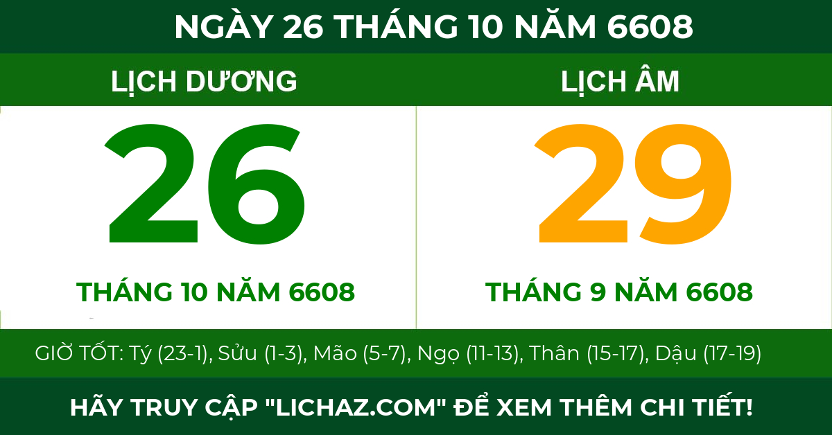 lịch âm ngày 26 tháng 10 năm 6608