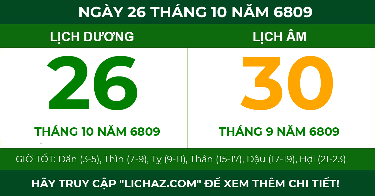 lịch âm ngày 26 tháng 10 năm 6809
