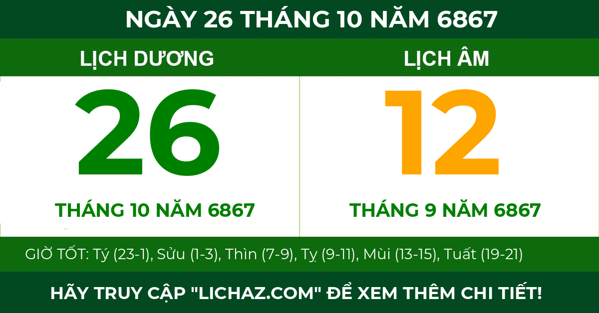 lịch âm ngày 26 tháng 10 năm 6867