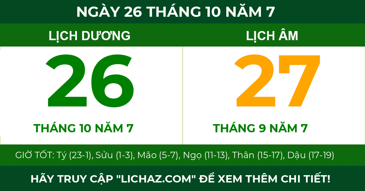 lịch âm ngày 26 tháng 10 năm 7