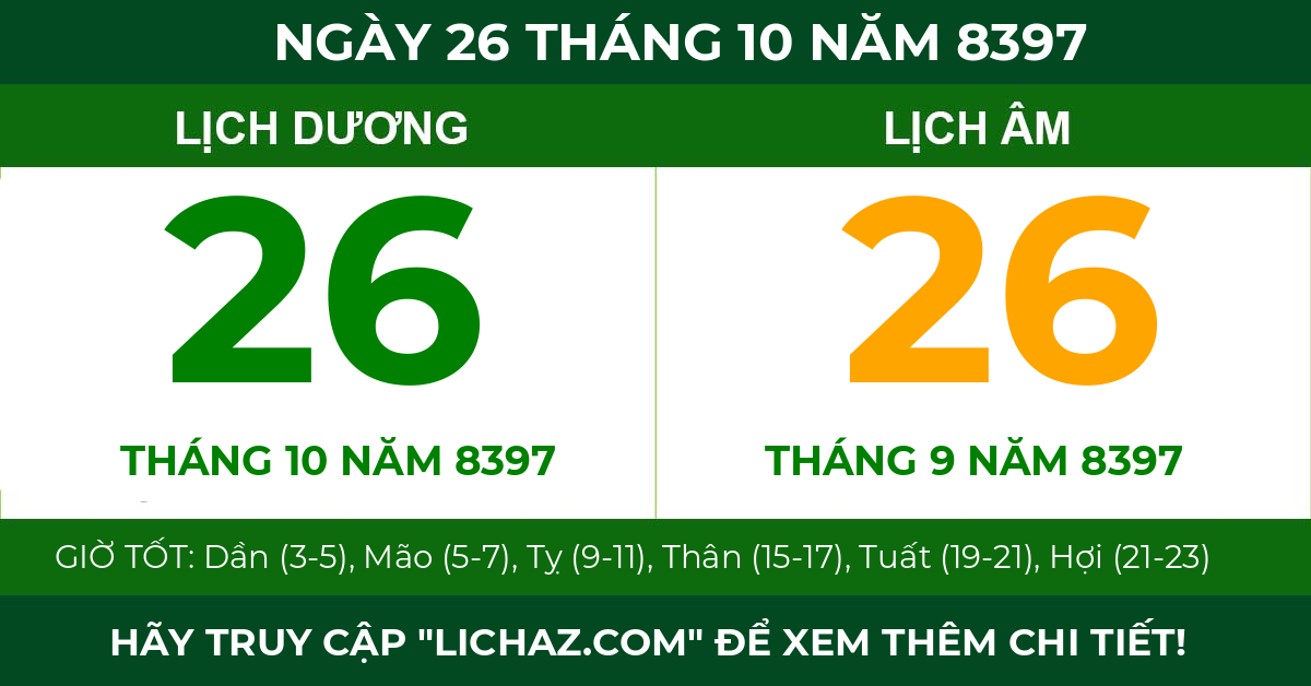 lịch âm ngày 26 tháng 10 năm 8397