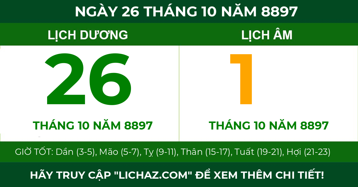 lịch âm ngày 26 tháng 10 năm 8897