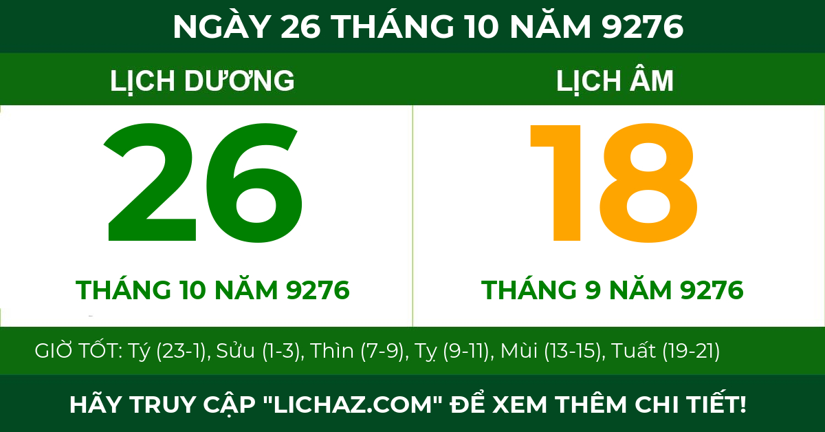 lịch âm ngày 26 tháng 10 năm 9276