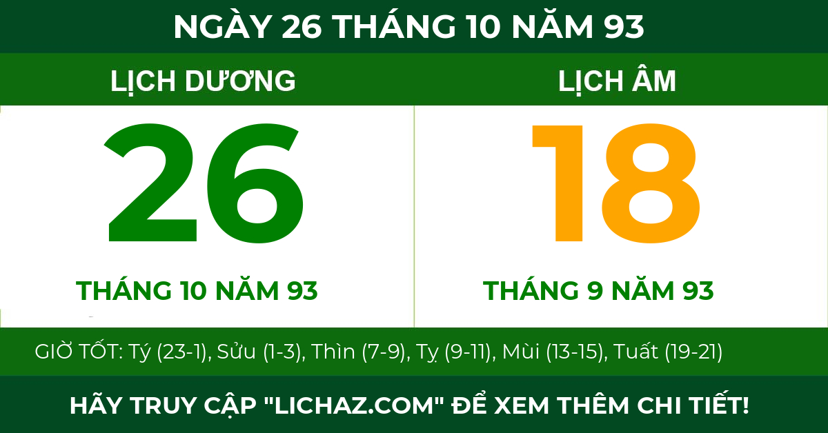 lịch âm ngày 26 tháng 10 năm 93