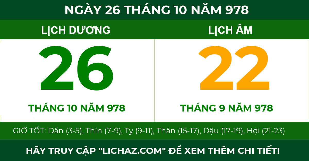 lịch âm ngày 26 tháng 10 năm 978