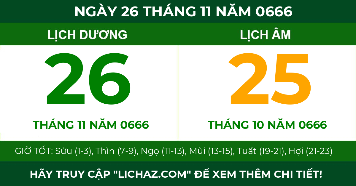 lịch âm ngày 26 tháng 11 năm 0666