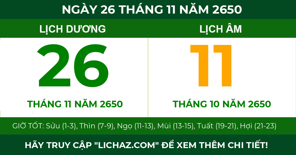 lịch âm ngày 26 tháng 11 năm 2650