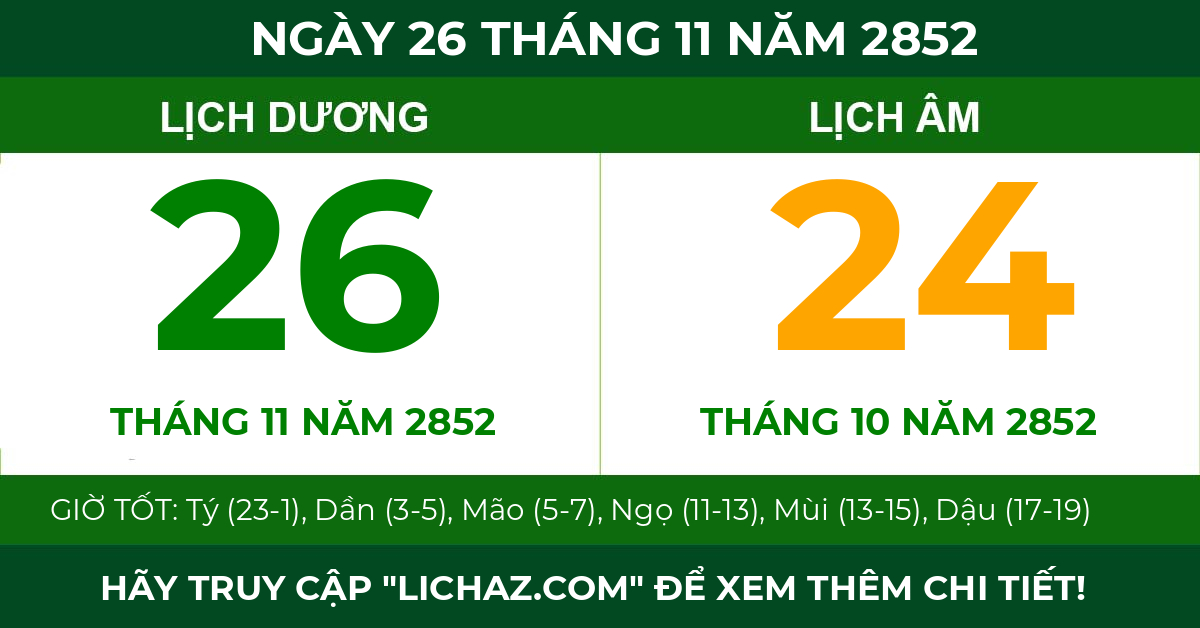 lịch âm ngày 26 tháng 11 năm 2852