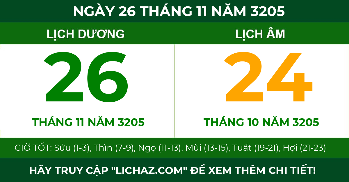 lịch âm ngày 26 tháng 11 năm 3205