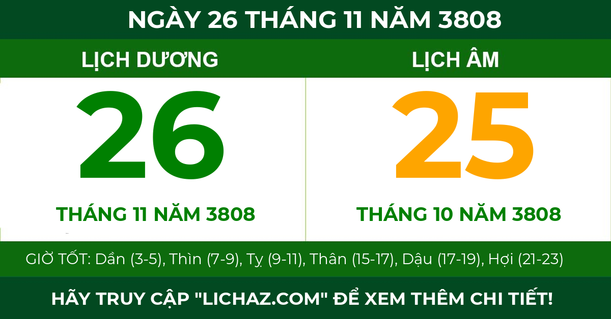 lịch âm ngày 26 tháng 11 năm 3808