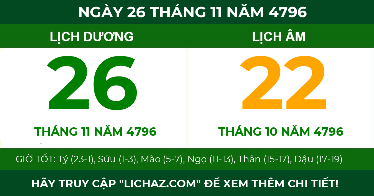 lịch âm ngày 26 tháng 11 năm 4796