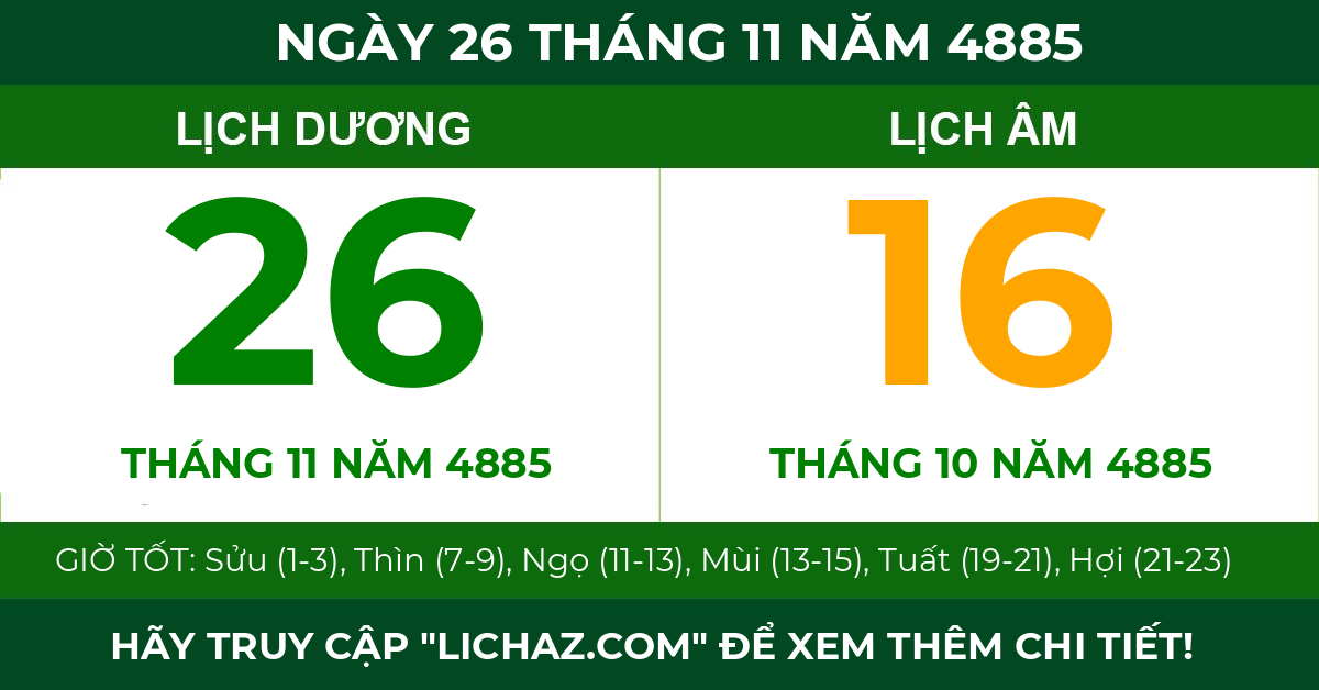 lịch âm ngày 26 tháng 11 năm 4885