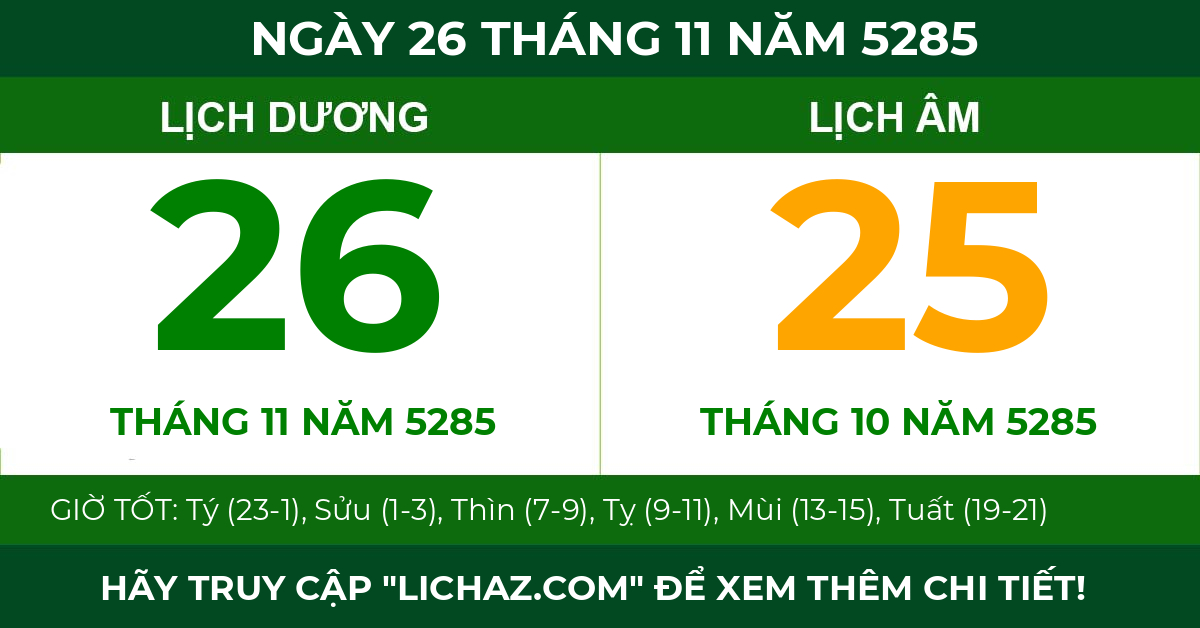 lịch âm ngày 26 tháng 11 năm 5285