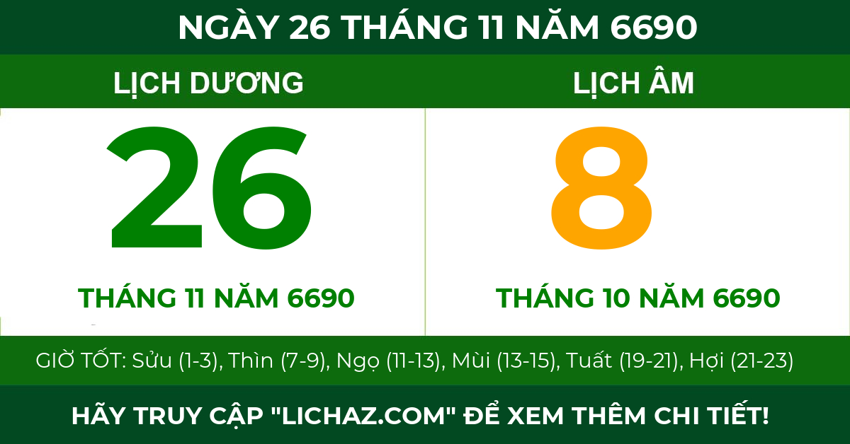 lịch âm ngày 26 tháng 11 năm 6690