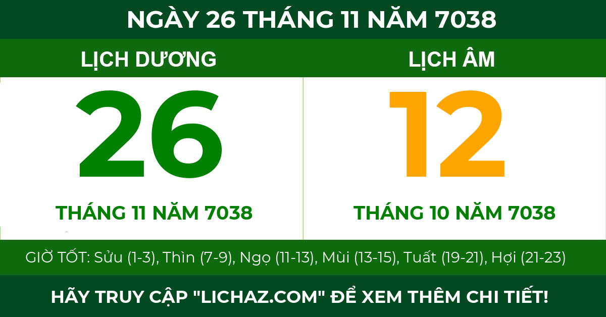 lịch âm ngày 26 tháng 11 năm 7038