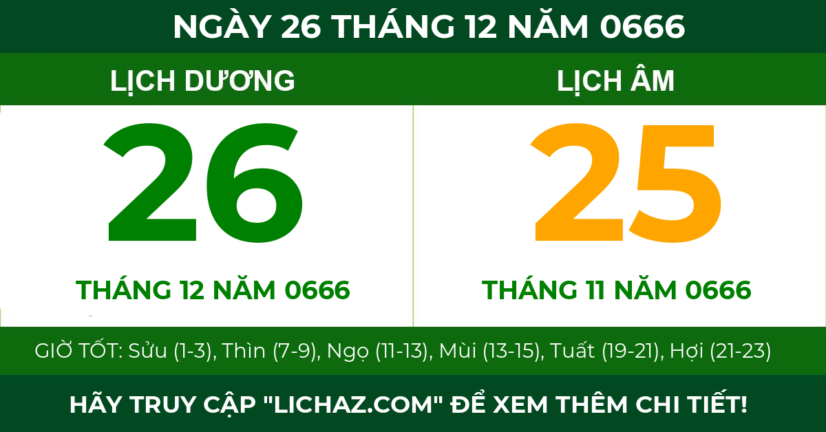 lịch âm ngày 26 tháng 12 năm 0666
