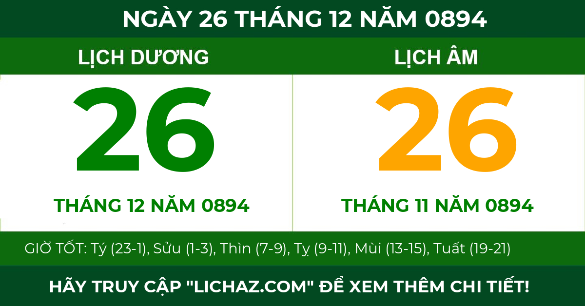 lịch âm ngày 26 tháng 12 năm 0894