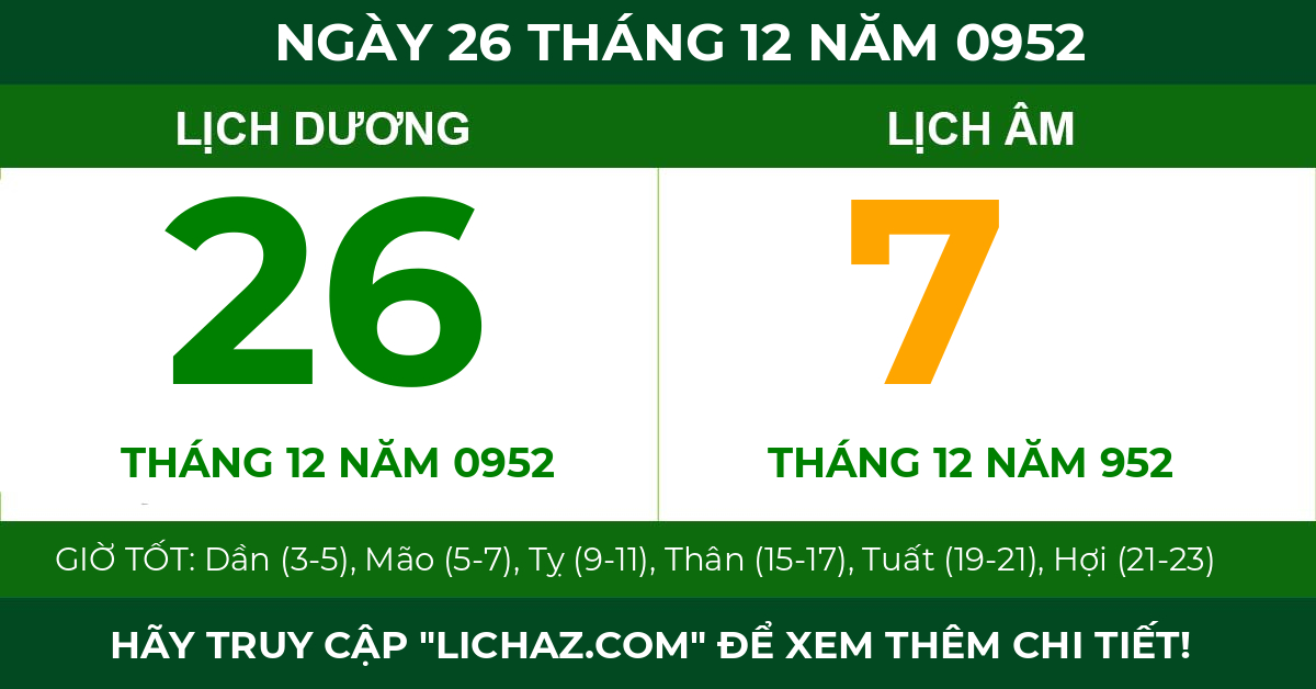 lịch âm ngày 26 tháng 12 năm 0952