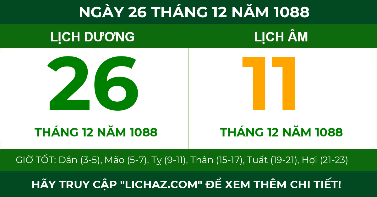 lịch âm ngày 26 tháng 12 năm 1088