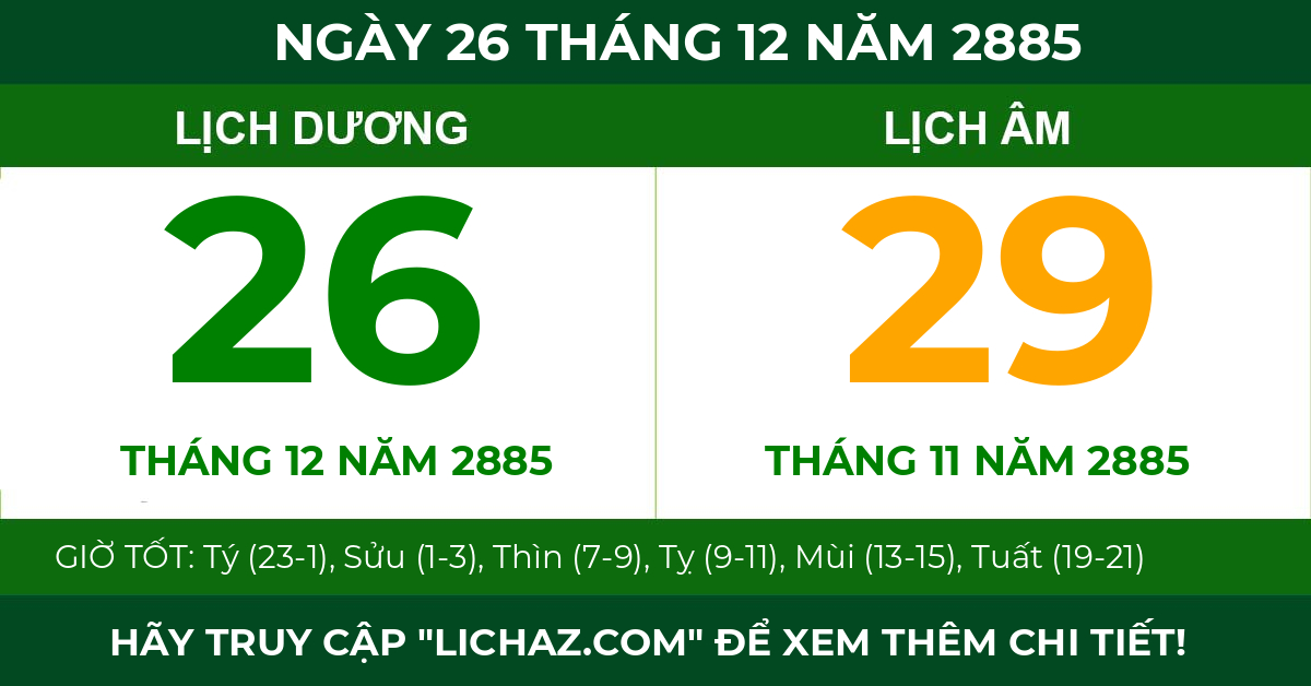 lịch âm ngày 26 tháng 12 năm 2885