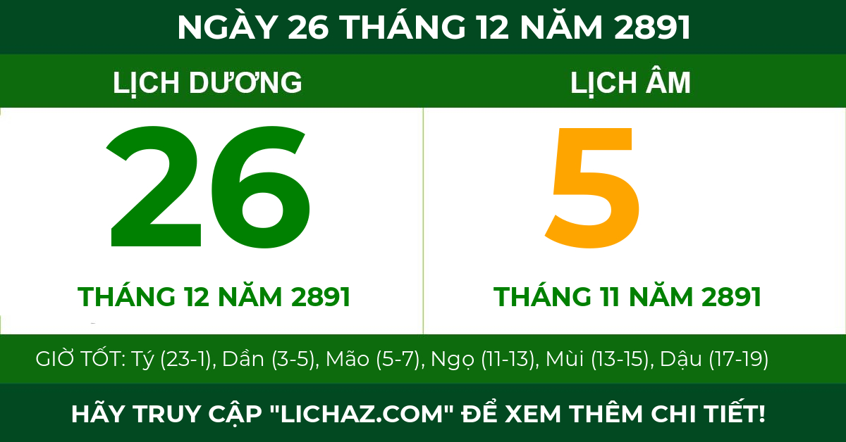 lịch âm ngày 26 tháng 12 năm 2891