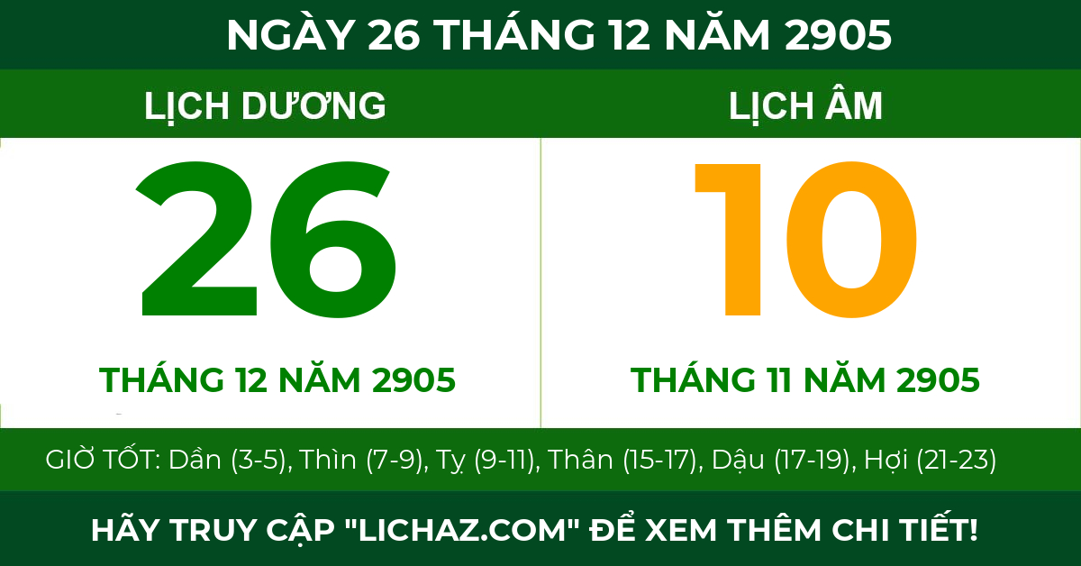 lịch âm ngày 26 tháng 12 năm 2905