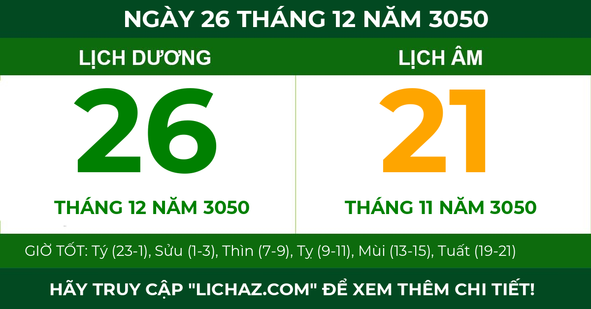 lịch âm ngày 26 tháng 12 năm 3050