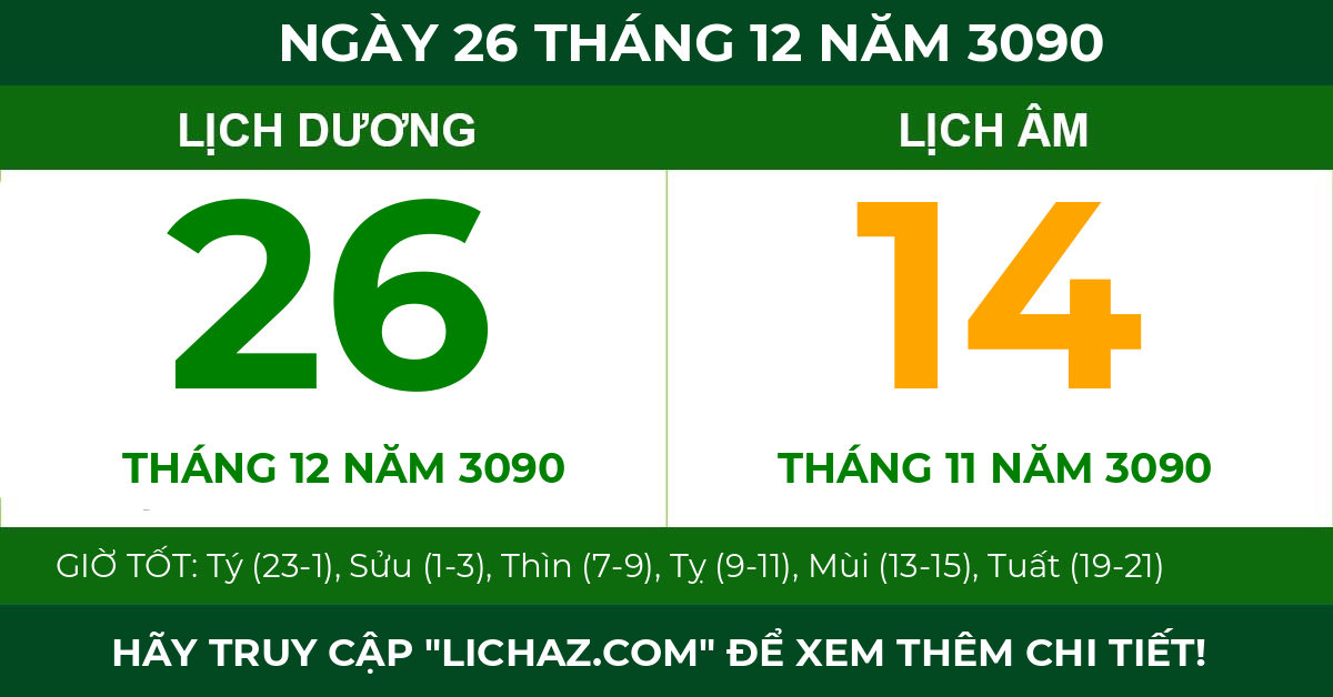 lịch âm ngày 26 tháng 12 năm 3090