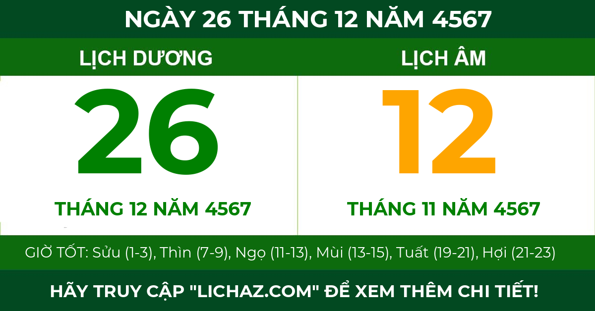 lịch âm ngày 26 tháng 12 năm 4567