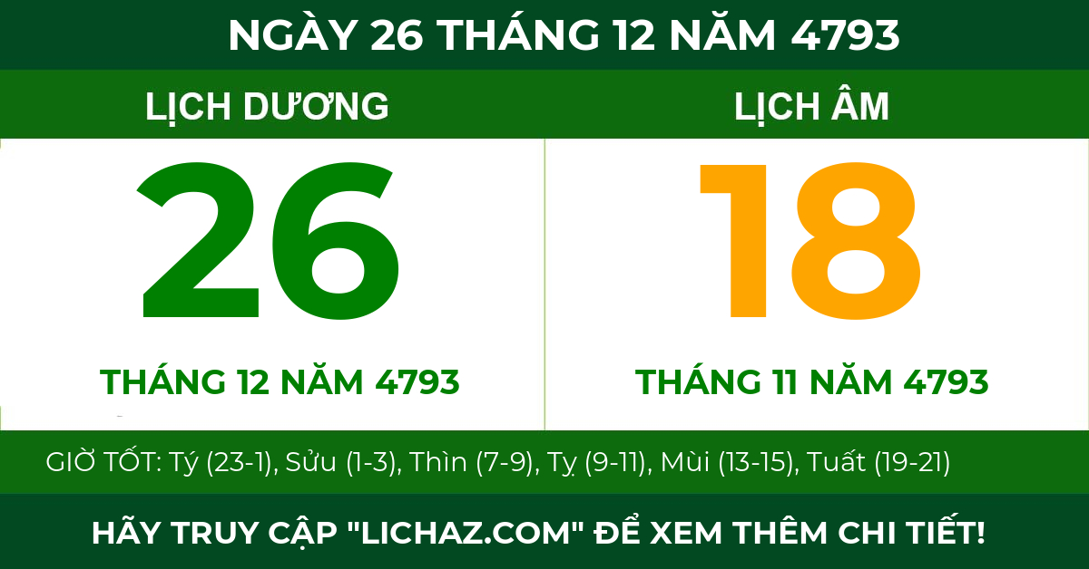 lịch âm ngày 26 tháng 12 năm 4793