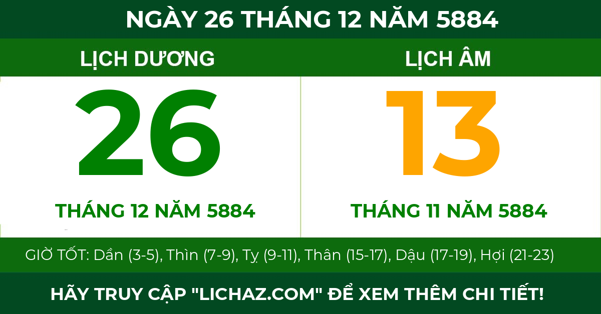 lịch âm ngày 26 tháng 12 năm 5884