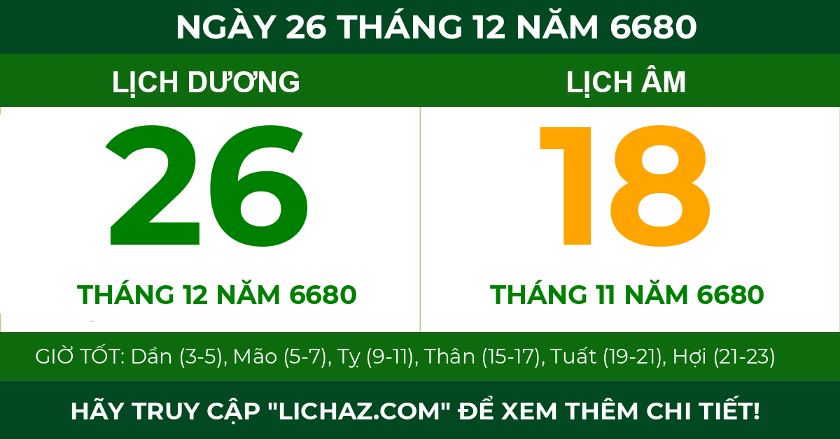 lịch âm ngày 26 tháng 12 năm 6680