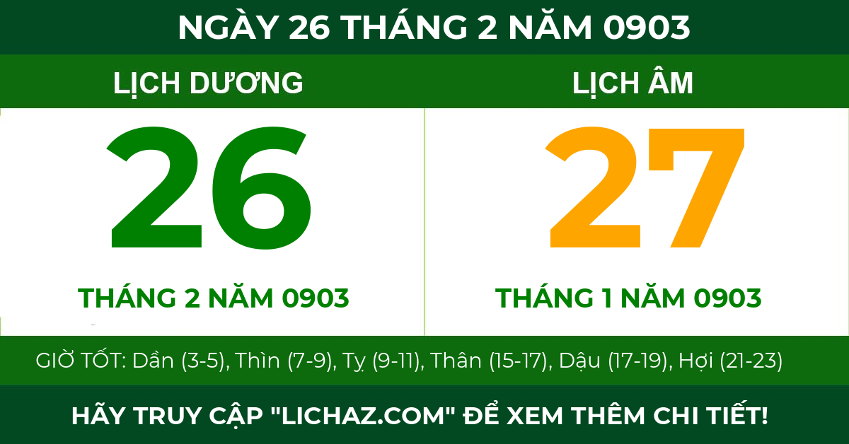 lịch âm ngày 26 tháng 2 năm 0903