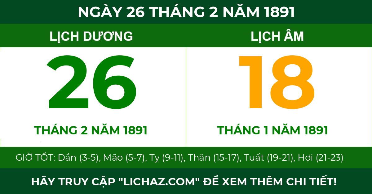 lịch âm ngày 26 tháng 2 năm 1891